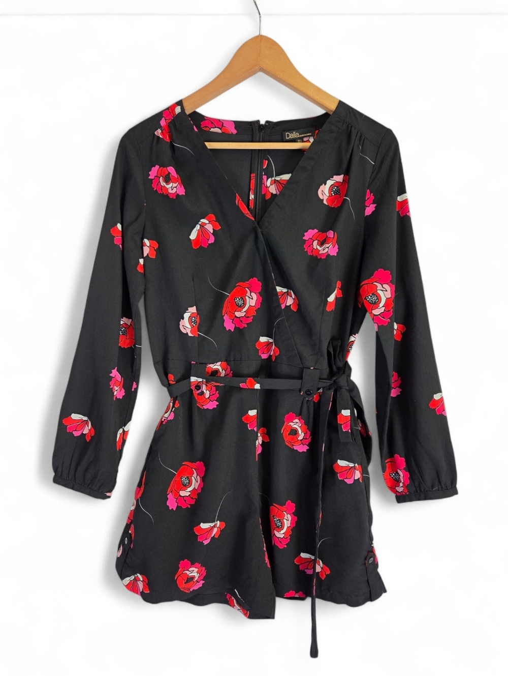Dalia Black Long-Sleeve Faux Wrap Romper with Red & Pink Floral Print Size 4